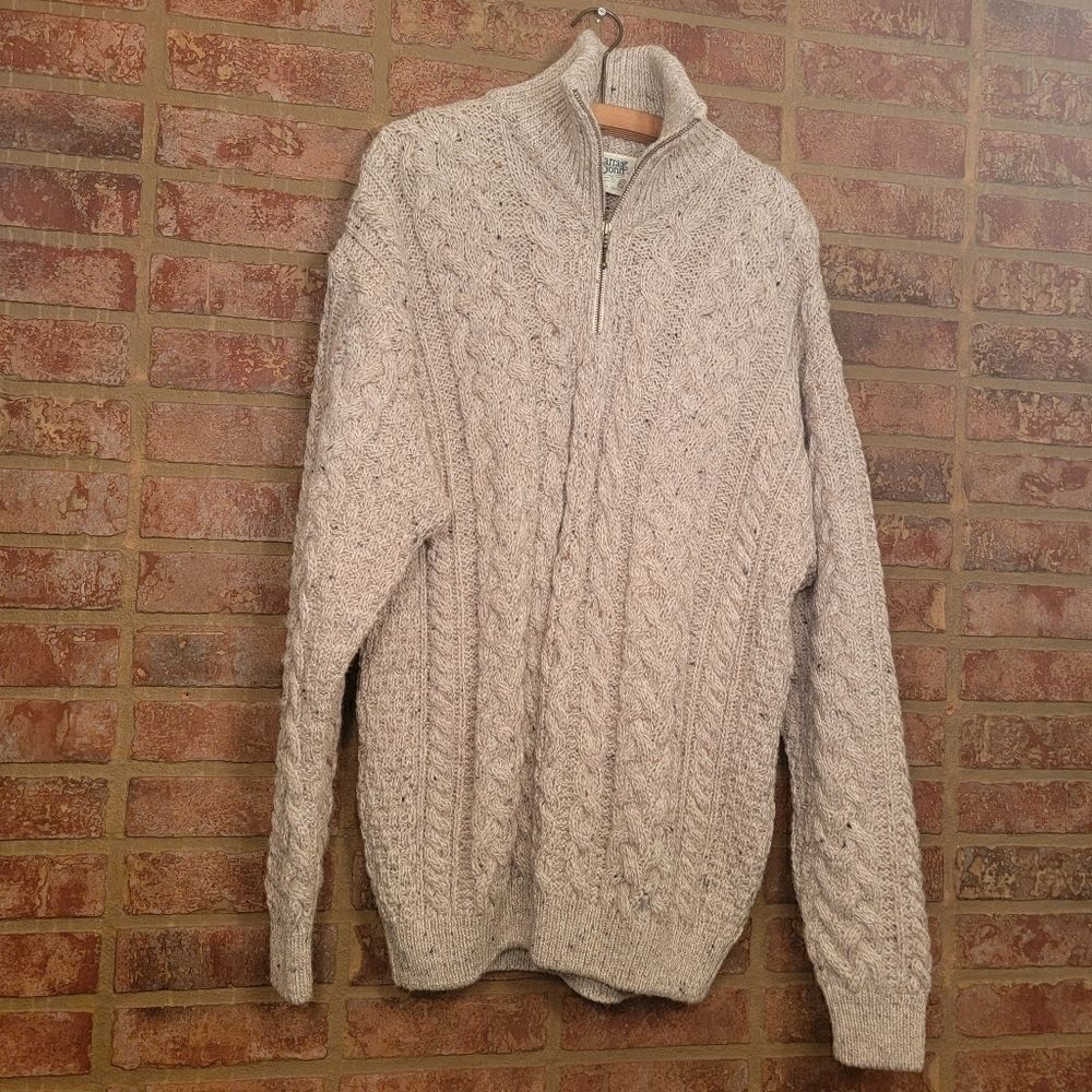 Carraig Donn 1/4 Zip Wool Sweater, made in Ireland, heavy, beige knit large